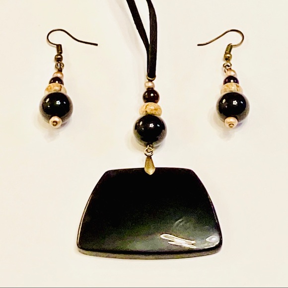 Unique BLACK AGATE Stone w/ Tan Picture Jasper Necklace & Matching Earrings Set - Picture 4 of 9